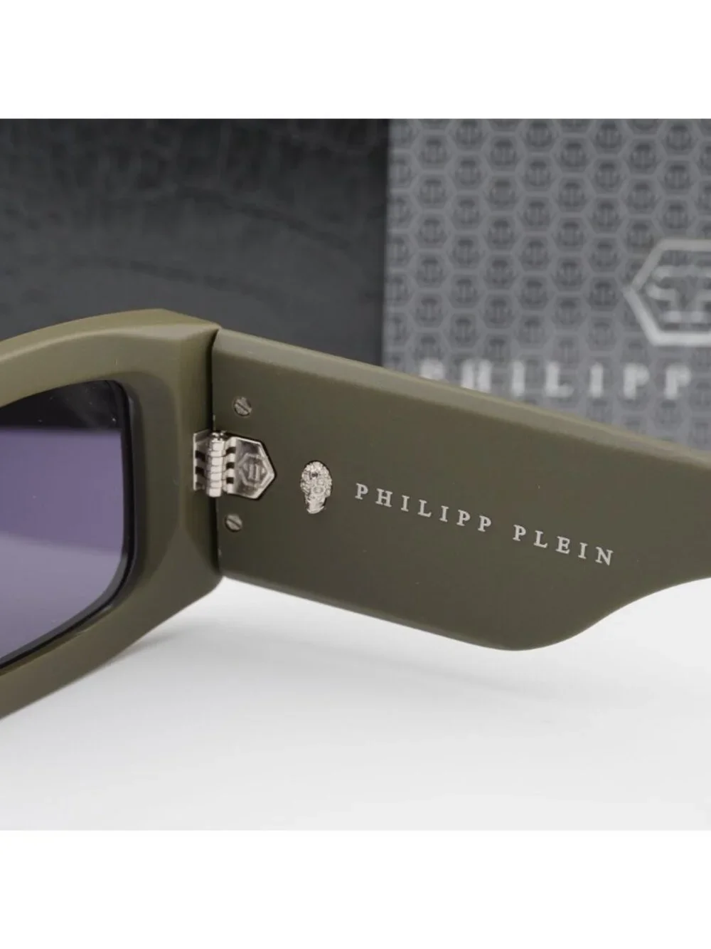 Philipp Plein SPP149 0C02 Unisex Sunglasses Green Rectangle Frame, Blue Lenses
